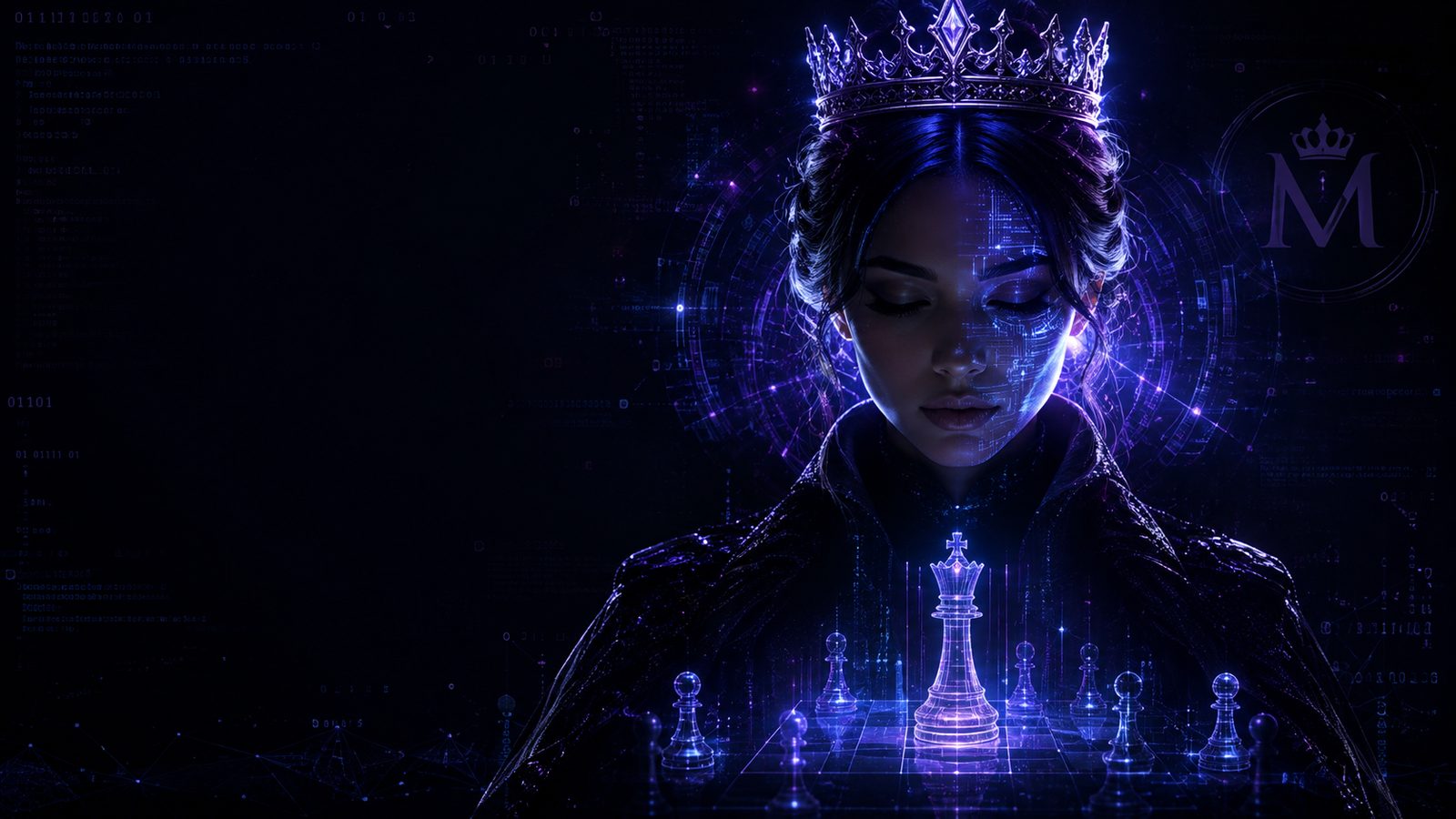 Monarca — inteligência coroada diante de um tabuleiro de xadrez holográfico