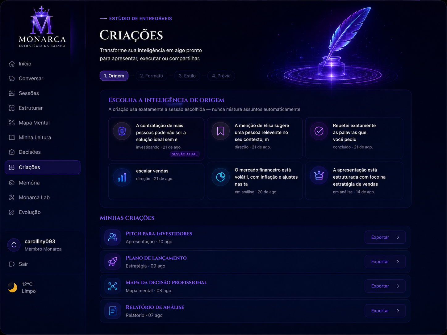 Criações — tela real da Sala de Inteligência